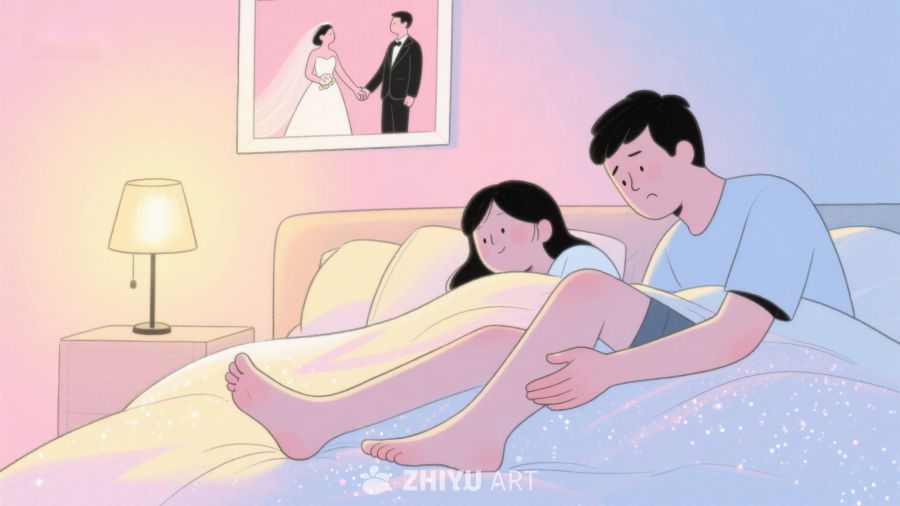 夫妻床上温馨互动，墙上婚照见证爱情 186
