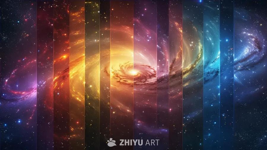 图像中呈现出七个颜色不同的星系区域，它们并排排列，