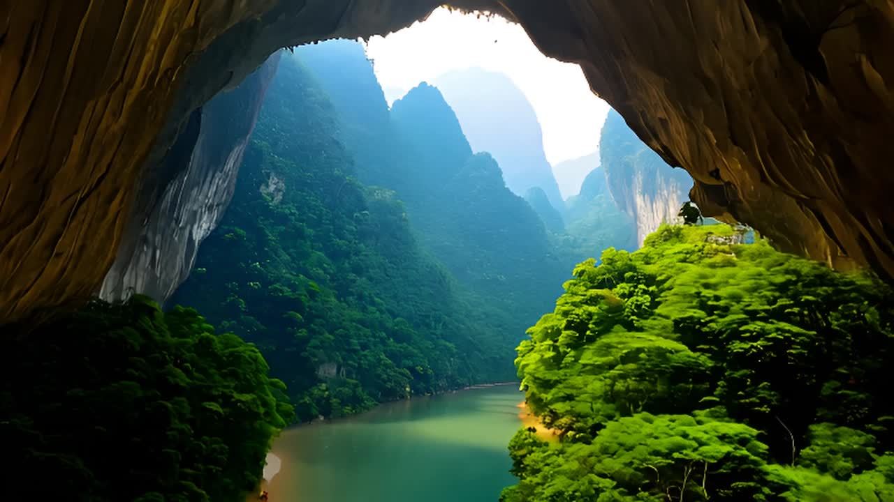 穿过宏伟的洞穴拱门，一条宁静的河流蜿蜒流过郁郁葱葱