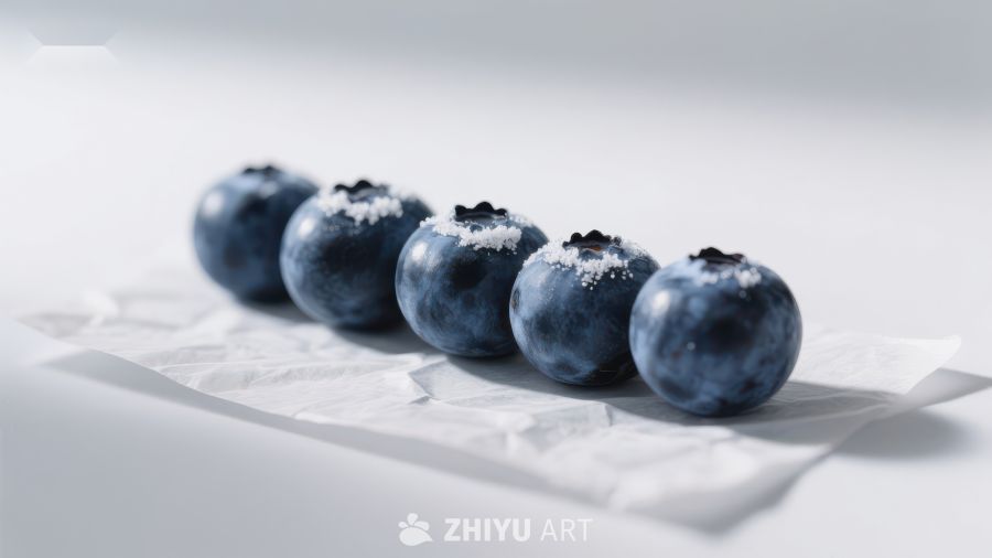 蓝莓排列在白色纸巾上