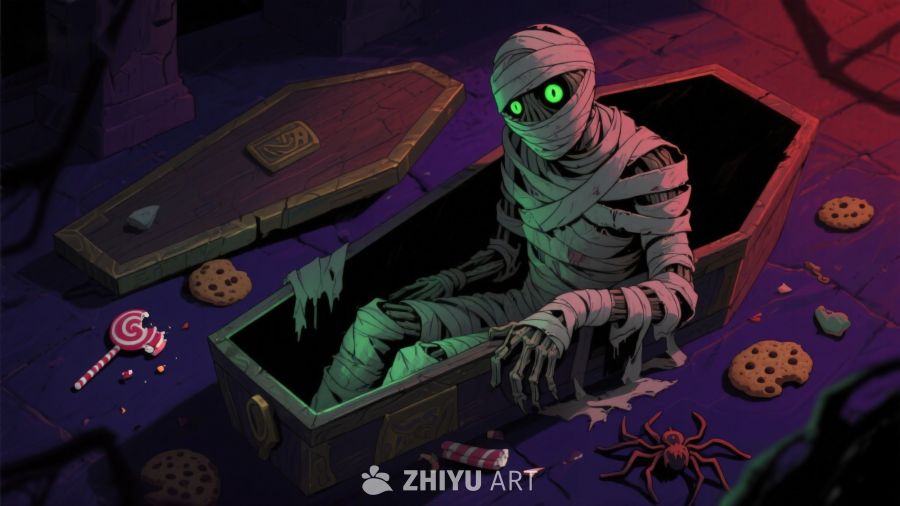 木乃伊在棺材中享用甜点