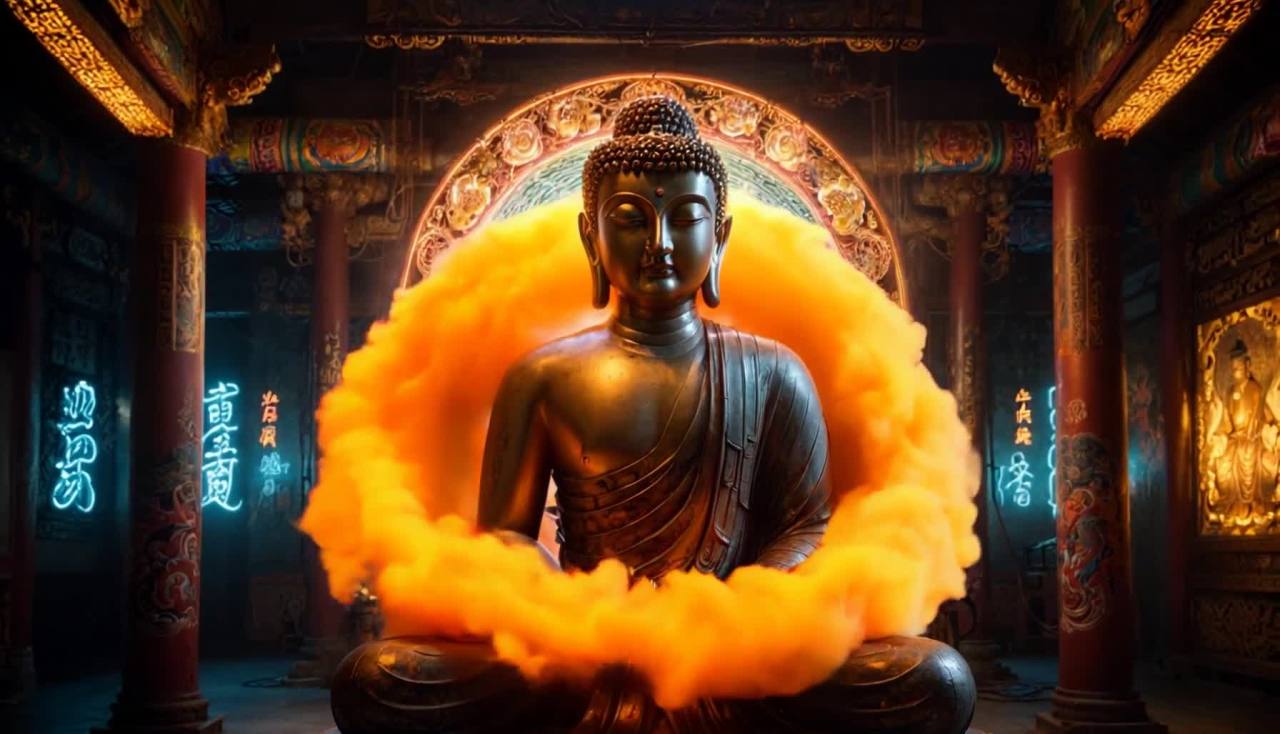 一尊佛像正襟危坐在一个装饰华丽的房间里，佛像身后有