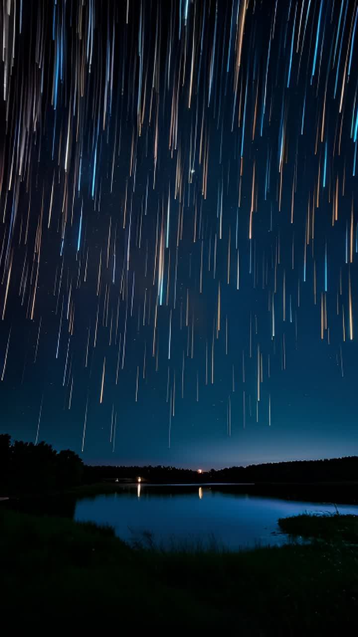 深蓝色夜空中，无数条发光的线条从上向下倾泻，这些线