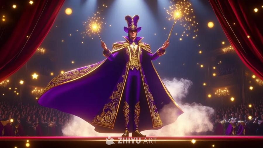一位身穿紫色和金色礼服的高个子魔法师站在一个宏伟的