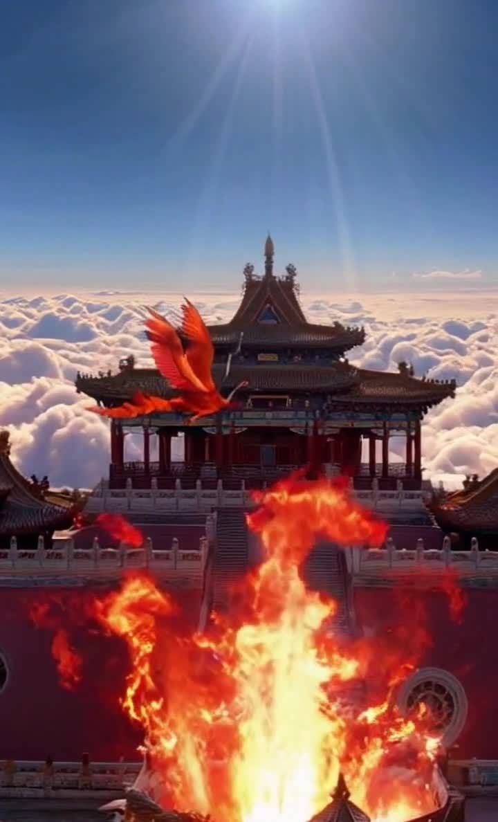 云海之上，凤凰与宫殿，烈焰熊熊燃烧。