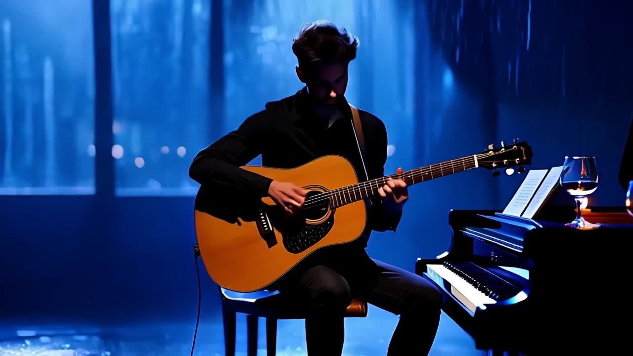 昏暗的舞台上，一位音乐家独自坐着，手指轻轻拨动着一