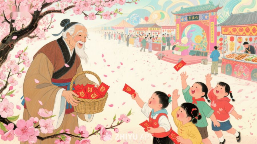 老人分发红包，孩童欢庆节日 615