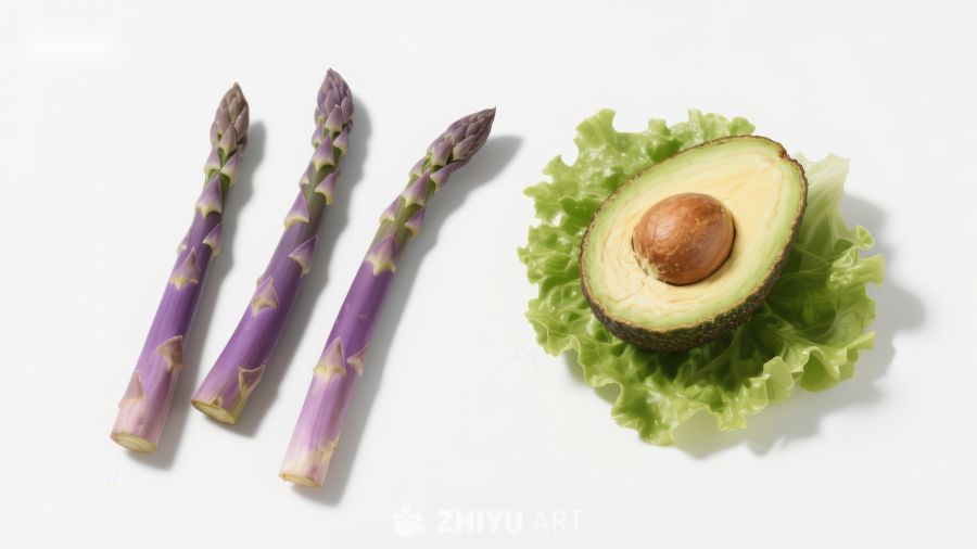 紫色芦笋与牛油果的清新组合