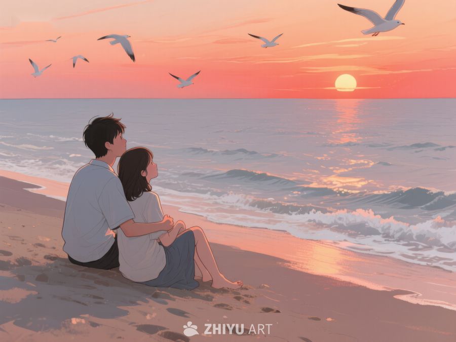 海滩日落，情侣相拥 253