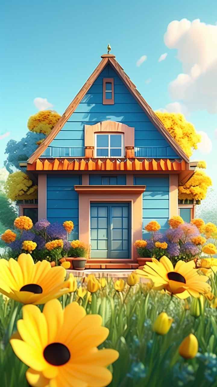 绿色田野里有黄色花朵的房子的水彩插图 35
