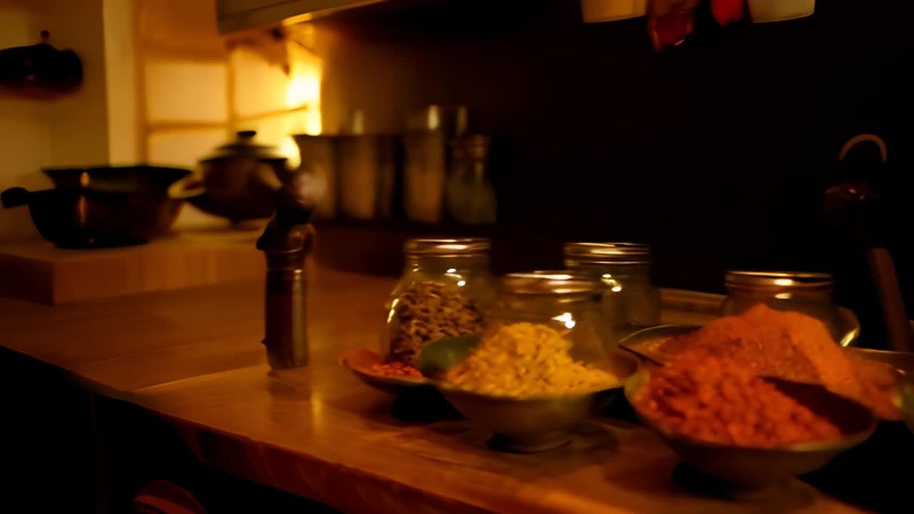 厨房场景，传统印度炊具整齐地放置在昏暗的暖光下。木