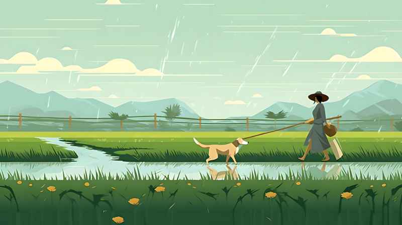 妇女站在稻田与狗，绿色插画风格 4