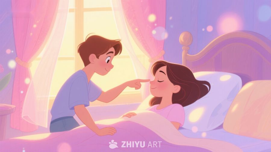 温馨床边互动，男孩轻触女孩脸颊 404