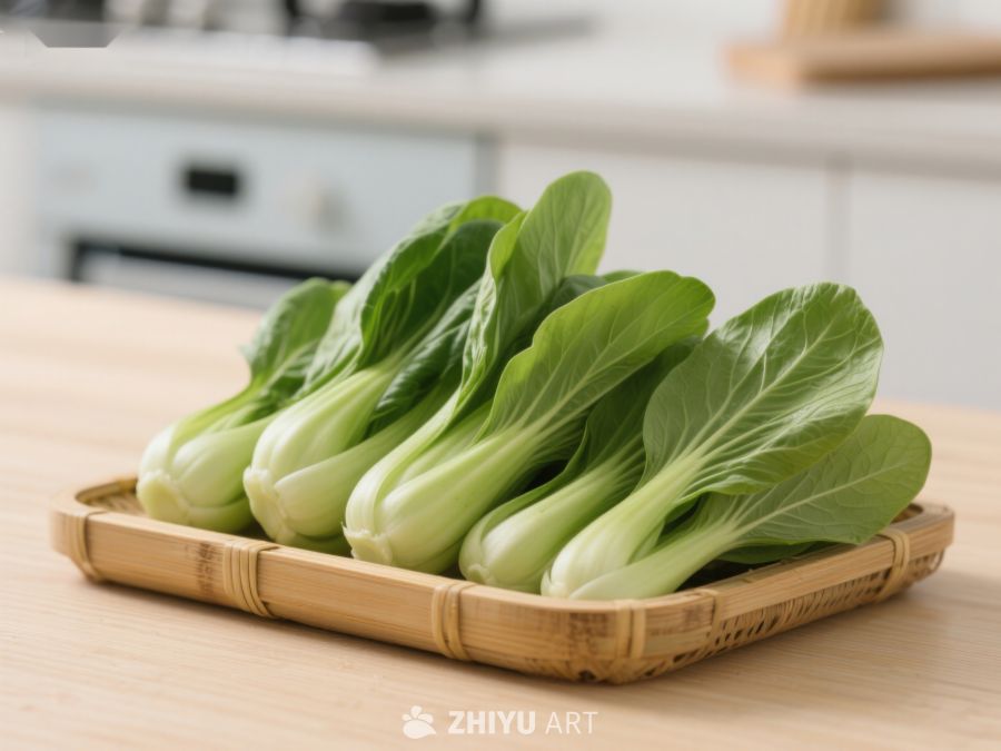 新鲜青菜置于竹盘中 499
