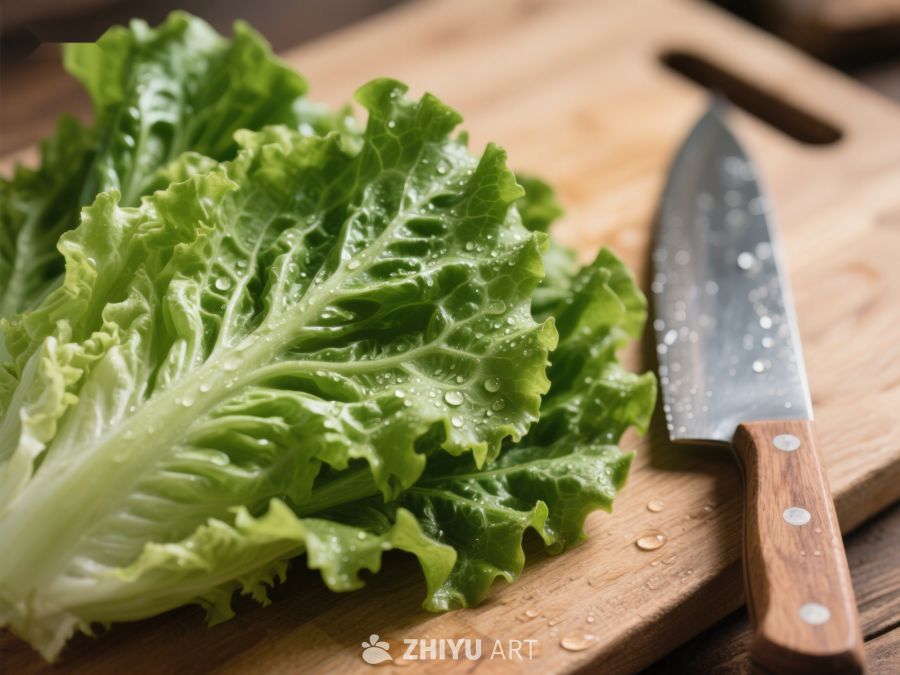 新鲜生菜与木柄刀置于砧板上 516