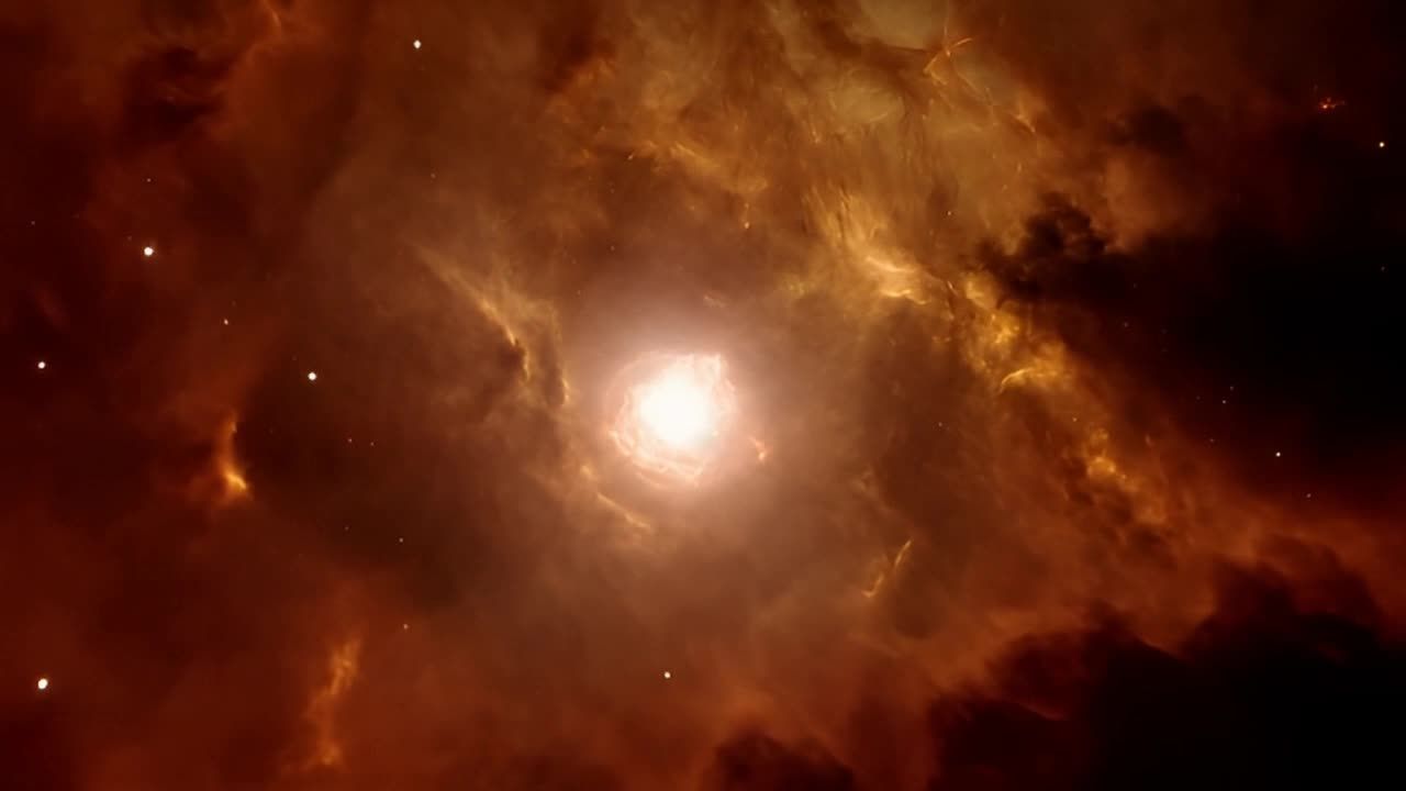 一个广阔的星云在发光，被新生的恒星照亮。镜头在星尘