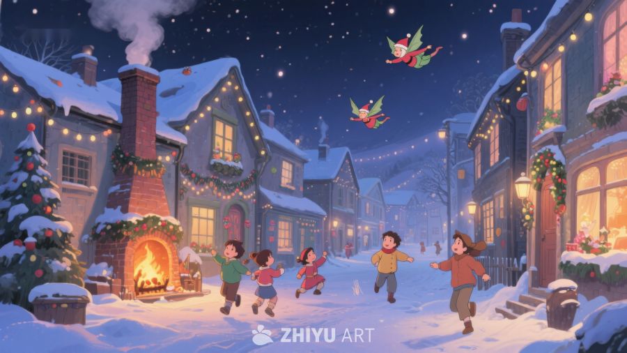 冬夜雪景中的欢乐儿童 100