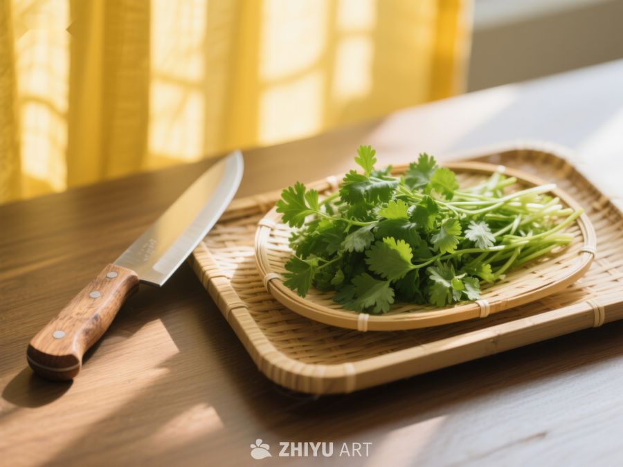 新鲜香菜与刀具置于竹制托盘 544