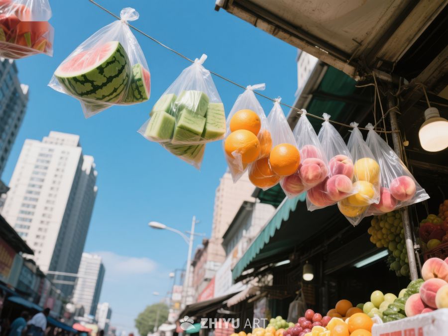 街头水果摊，塑料袋悬挂西瓜和桃子 336