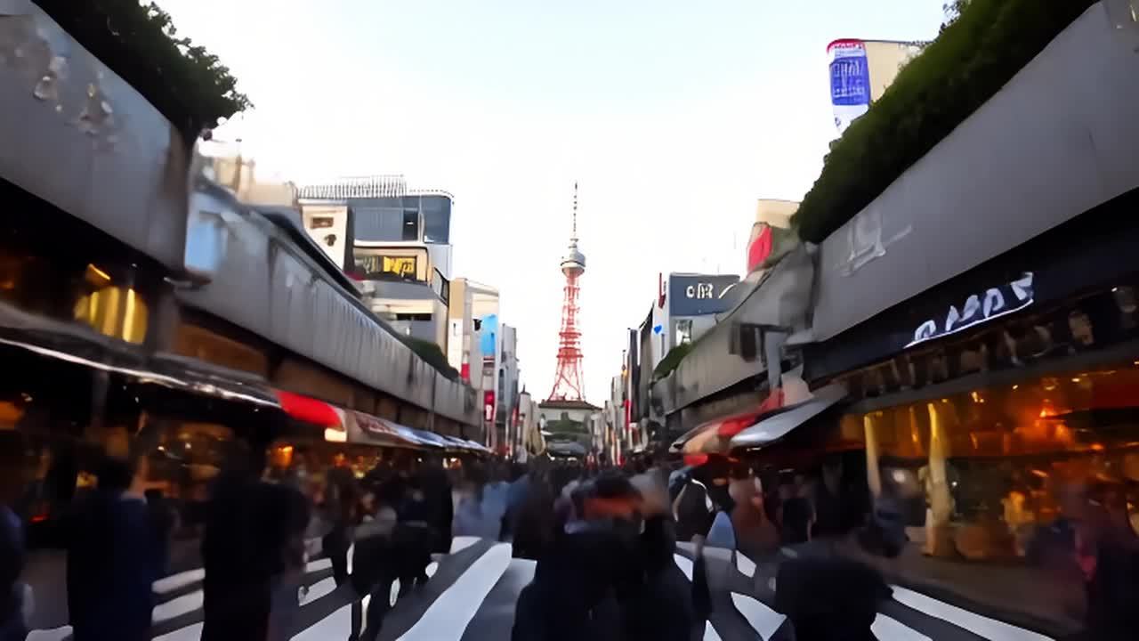 东京塔附近的一条繁忙街道。人们穿梭在商店和市场之间