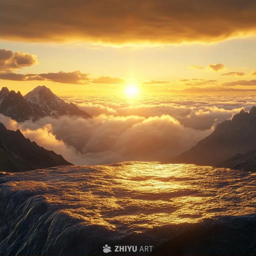 金色日出映照在山峦之上，柔和的云朵反射着金色的阳光