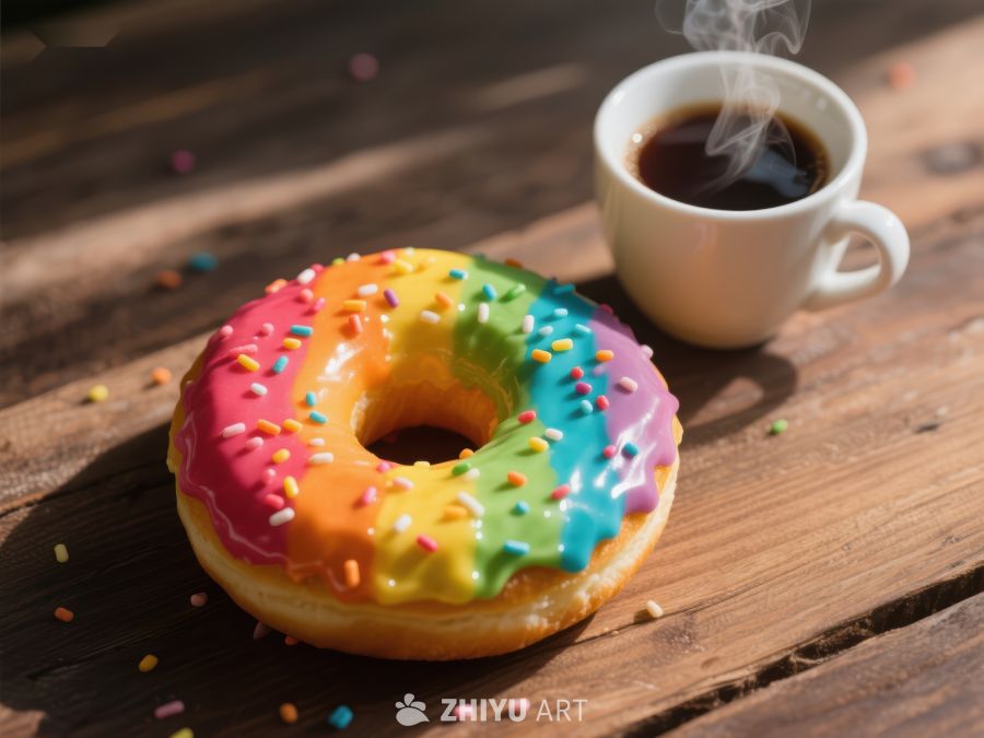 彩虹甜甜圈与热咖啡