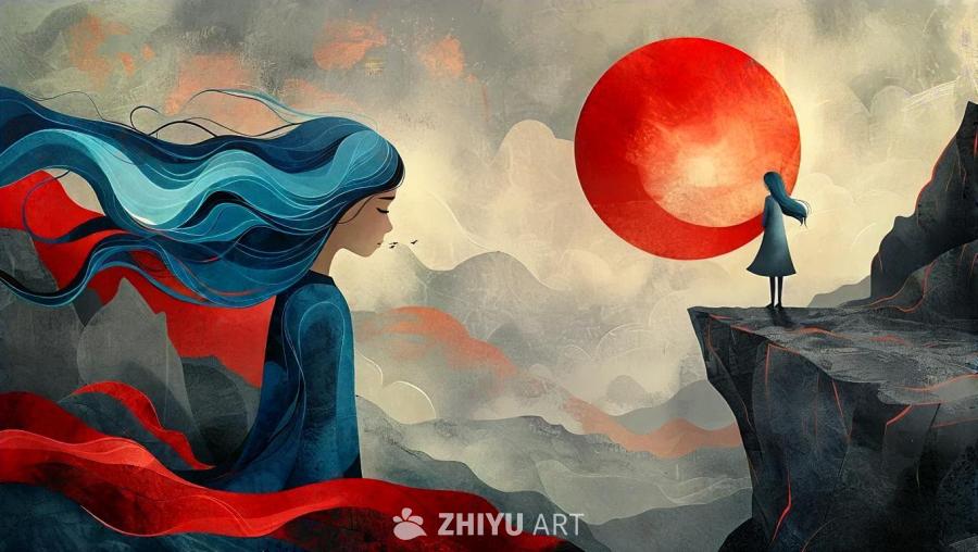 在红色和灰色的奇幻世界里，一个女孩站在悬崖顶上，蓝