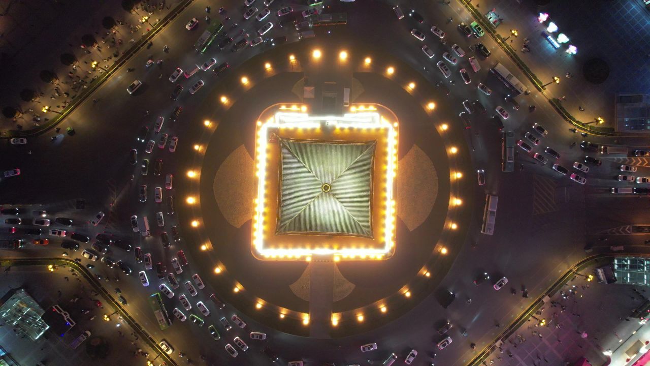 陕西西安钟楼夜景航拍