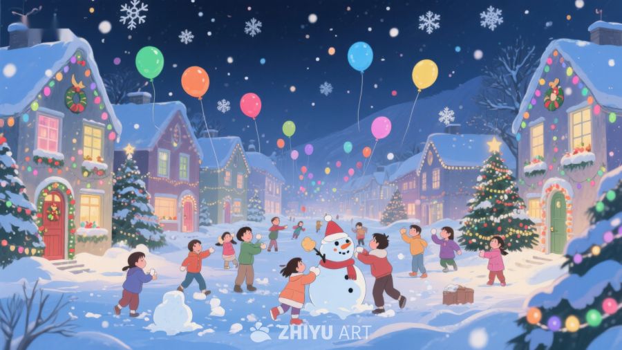 冬夜雪地中的欢乐圣诞场景 103