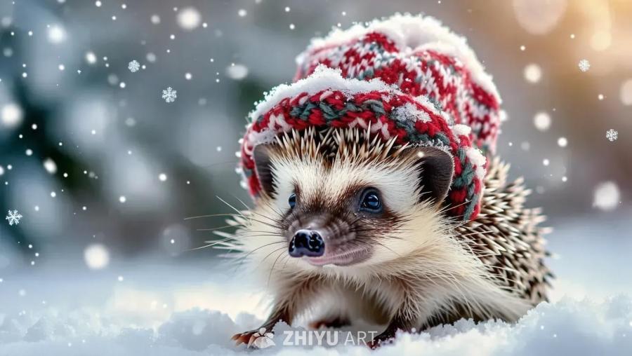 一只戴着红色、白色和绿色针织帽的刺猬站在雪地里。画