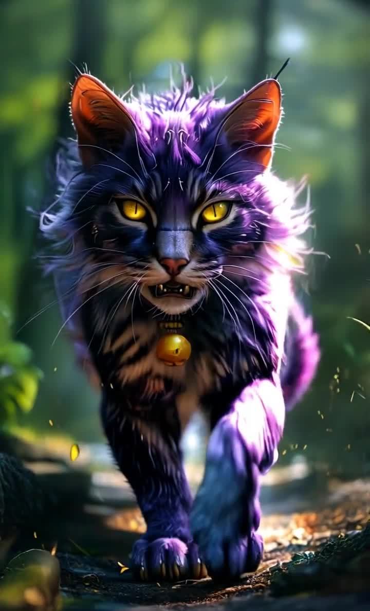 一只紫色条纹的猫科动物走在一条小路上，它有着黄色的