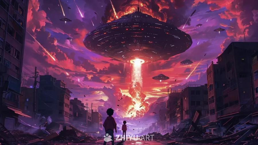 天空中漂浮着多个碟形飞行器，其中一个较大的飞行器下
