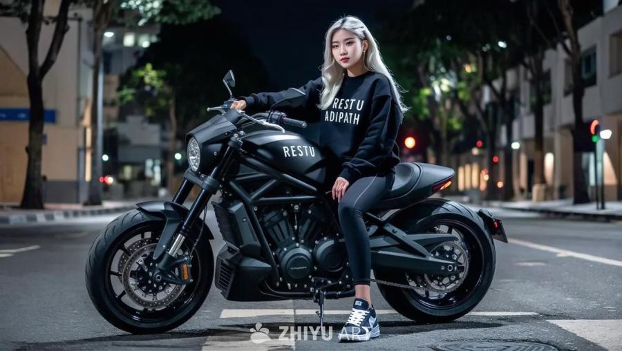 夜晚的街道上，一位年轻女子坐在黑色的摩托车上。摩托