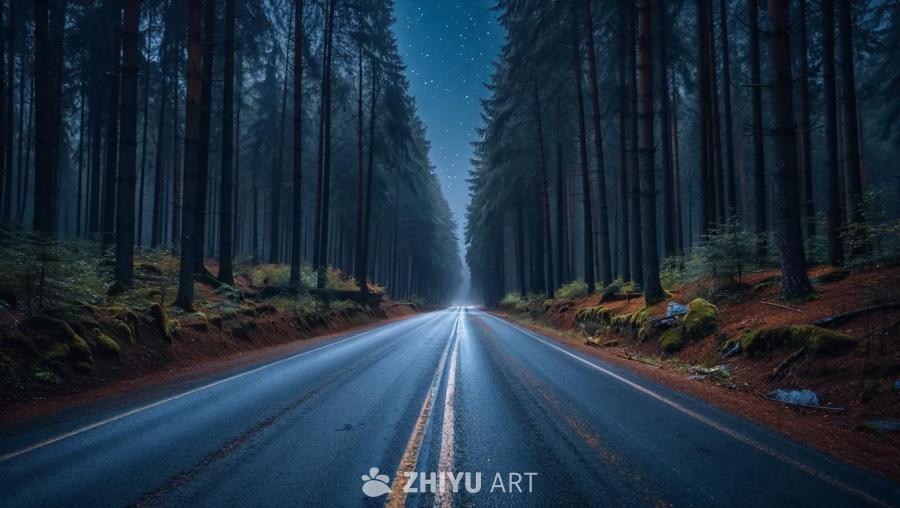 一条道路穿过森林，夜空中有星星。道路中间有两条黄色