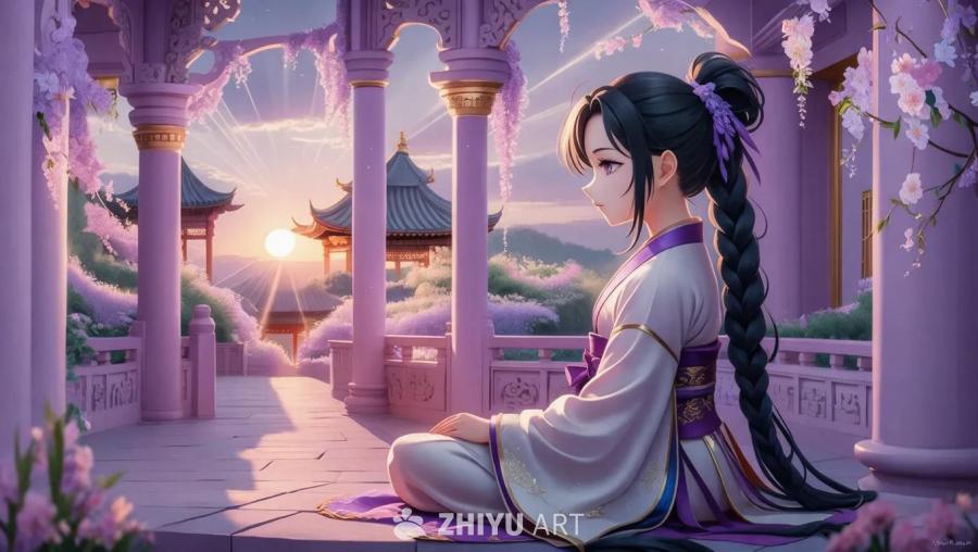一个薰衣草色调的寺庙里，一位穿着传统服饰的黑发紫梢