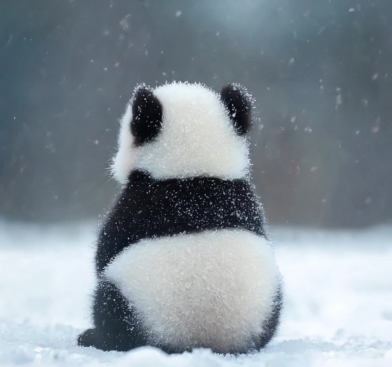 一只熊猫背对观众坐在雪地上，全身覆盖着积雪。雪花从