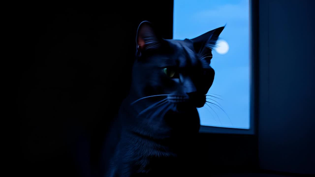 一只灰色的猫咪静静地坐在窗边，只有皎洁的月光洒落在它的身上。随着相机的缓缓推进，猫咪的目光紧紧地锁定着镜头，营造出一种神秘而宁静的氛围。