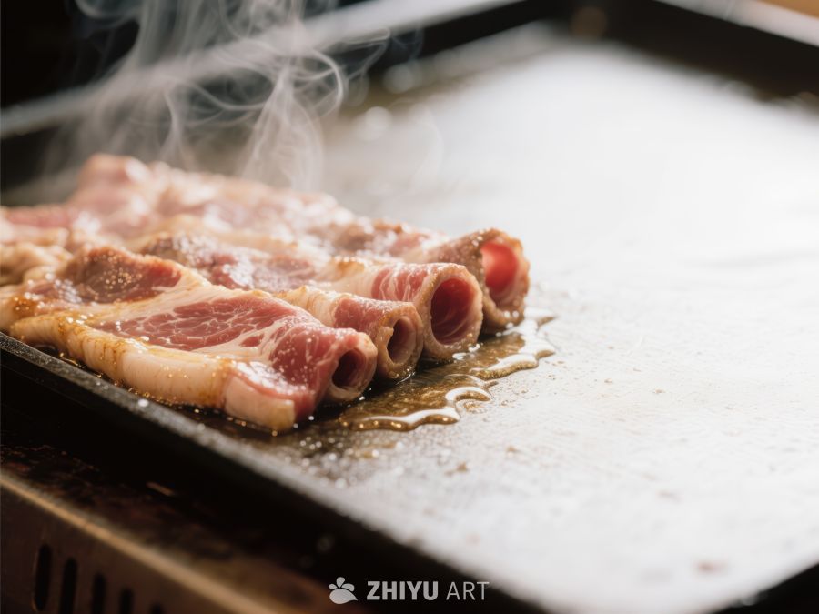 热气腾腾的烤肉在铁板上滋滋作响