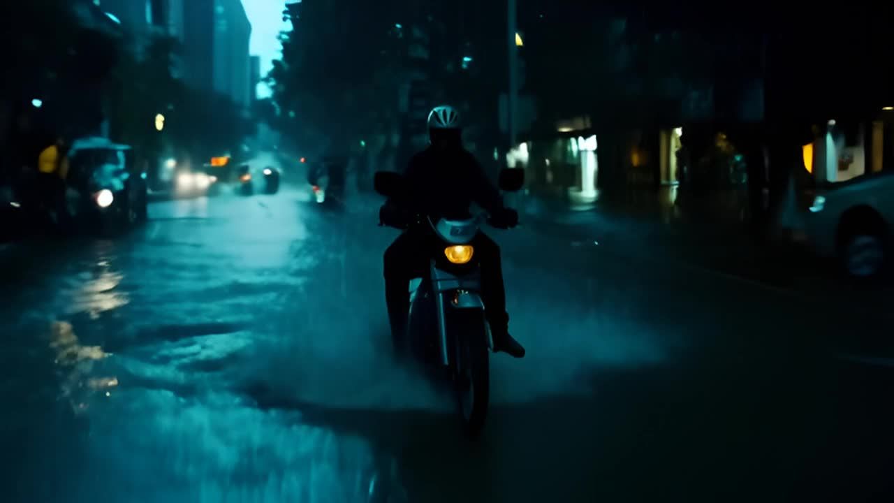 一辆摩托车行驶在下雨的街道上，街道被水淹没，路灯在