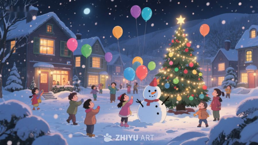 冬夜雪地里的圣诞树与欢庆儿童 103