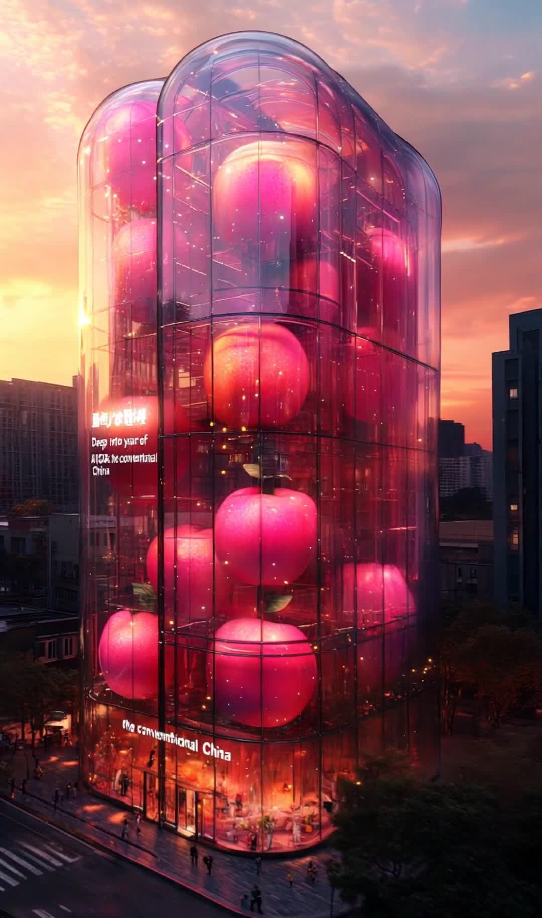 一栋巨型建筑的玻璃外墙内，悬挂着多个巨大的粉色苹果