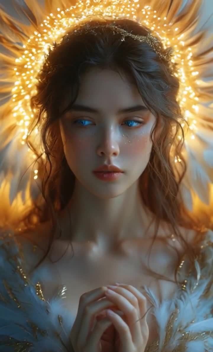 蓝眼女子，金发箍光环，羽毛肩饰，双手交叠胸前。