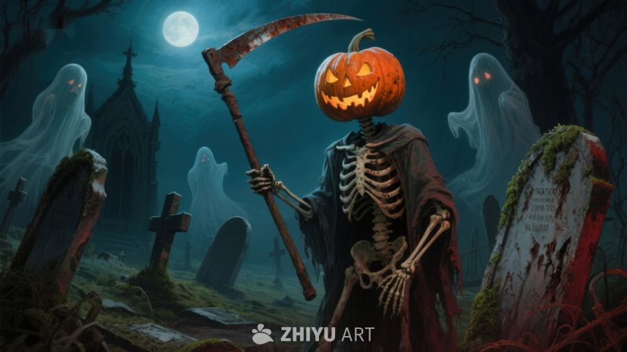 万圣夜骷髅南瓜灯墓地幽灵