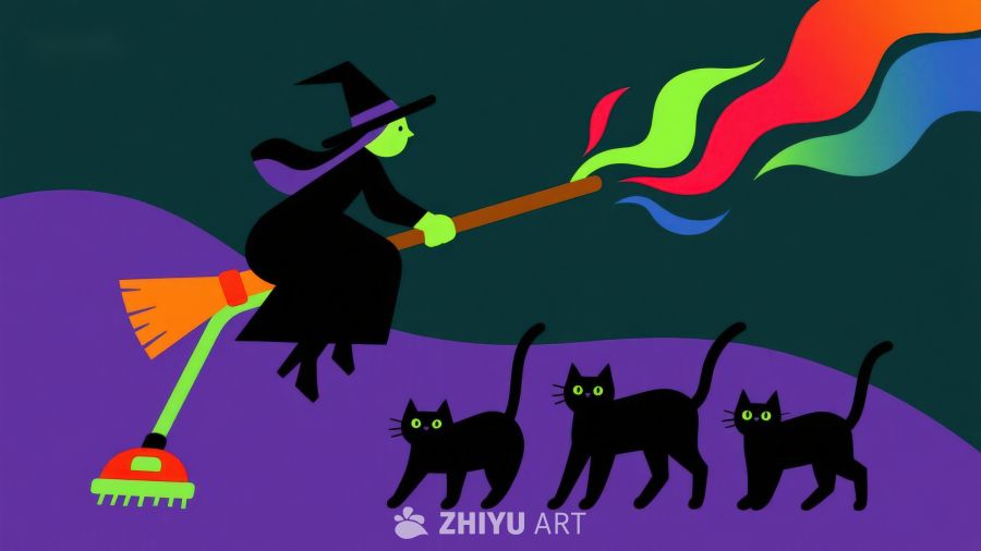 巫师骑帚飞行，三只黑猫相伴
