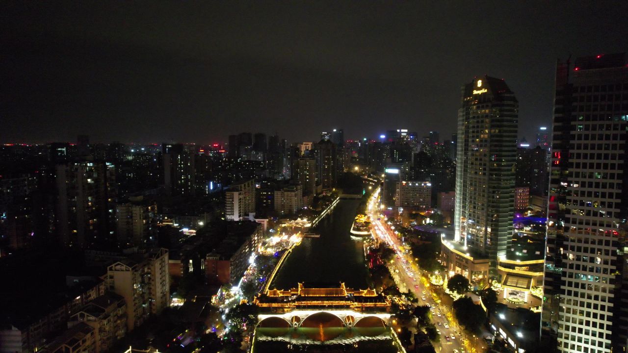 成都安顺廊桥夜景灯光航拍 