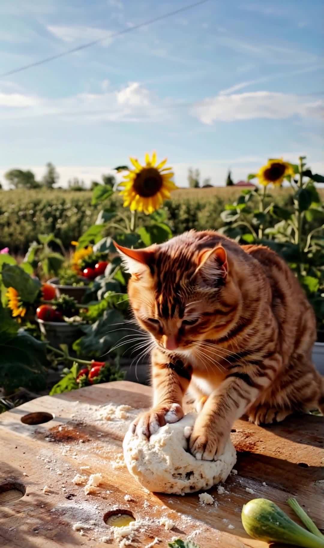 阳光下橘猫乡村揉面团，向日葵菜园温馨。