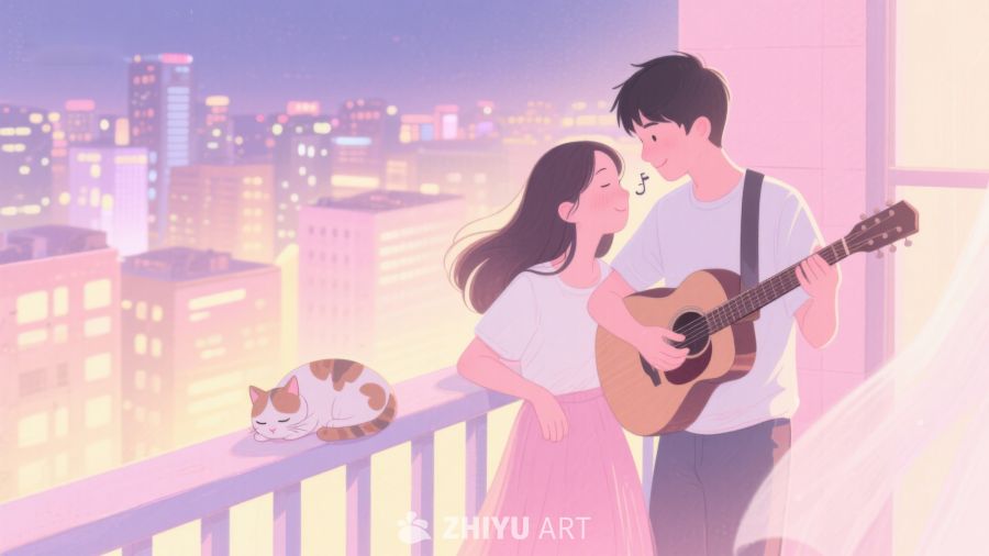 屋顶吉他夜景情侣 499