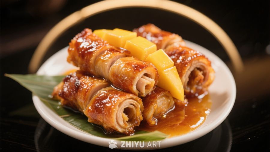 酱汁卷肉配菠萝块