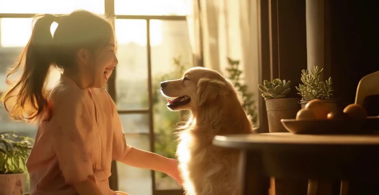 女子与金毛犬沐浴阳光，温馨的室内生活