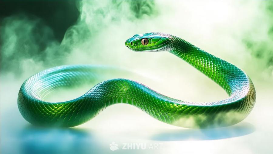 一条鲜绿色的蛇在舞台上舞动，聚光灯照亮，鳞片闪闪发